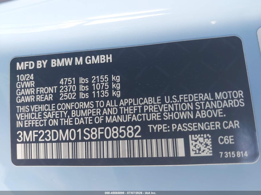 2025 BMW M2 VIN: 3MF23DM01S8F08582 Lot: 45565898