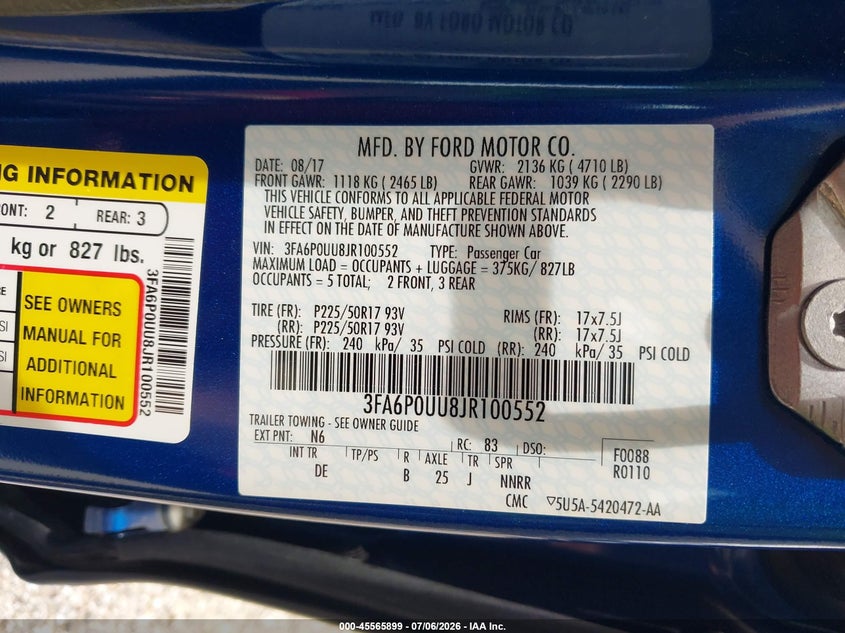 FORD FUSION HYBRID 2018 VIN 3FA6P0UU8JR100552