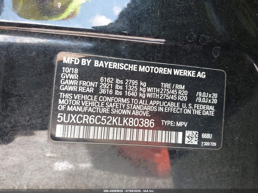 2019 BMW X5 xDrive40I VIN: 5UXCR6C52KLK80386 Lot: 45565928