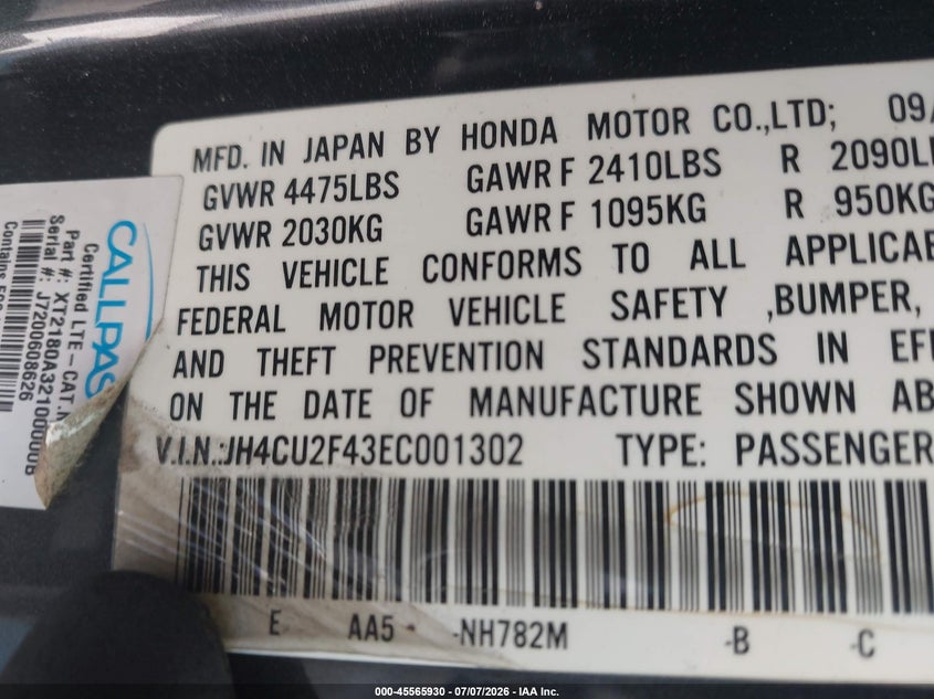 2014 Acura Tsx 2.4 VIN: JH4CU2F43EC001302 Lot: 45565930