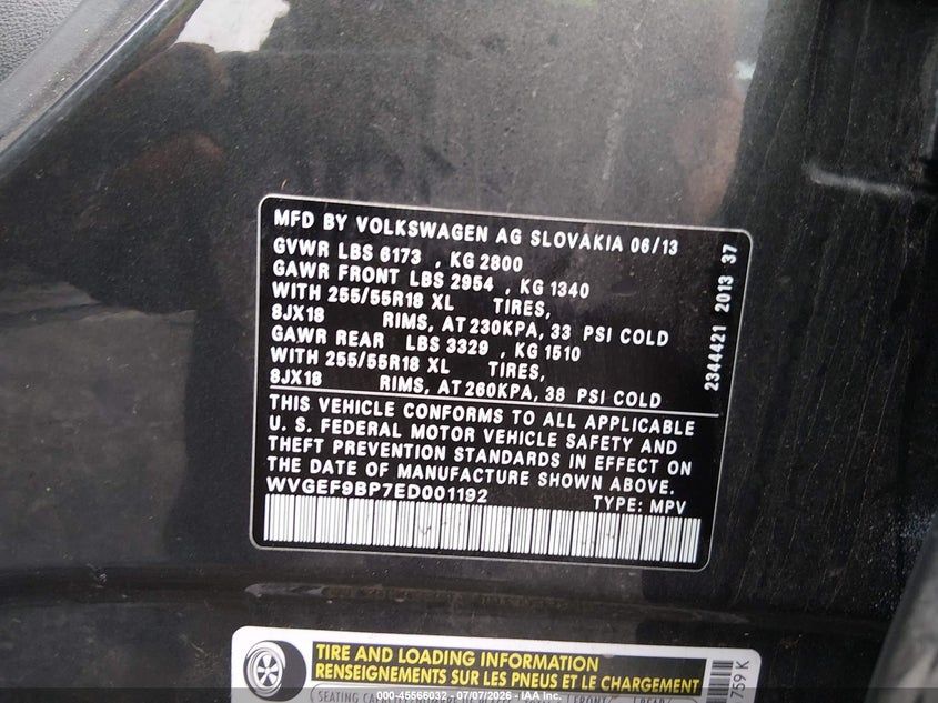 2014 Volkswagen Touareg 3.6L Sport VIN: WVGEF9BP7ED001192 Lot: 45566032