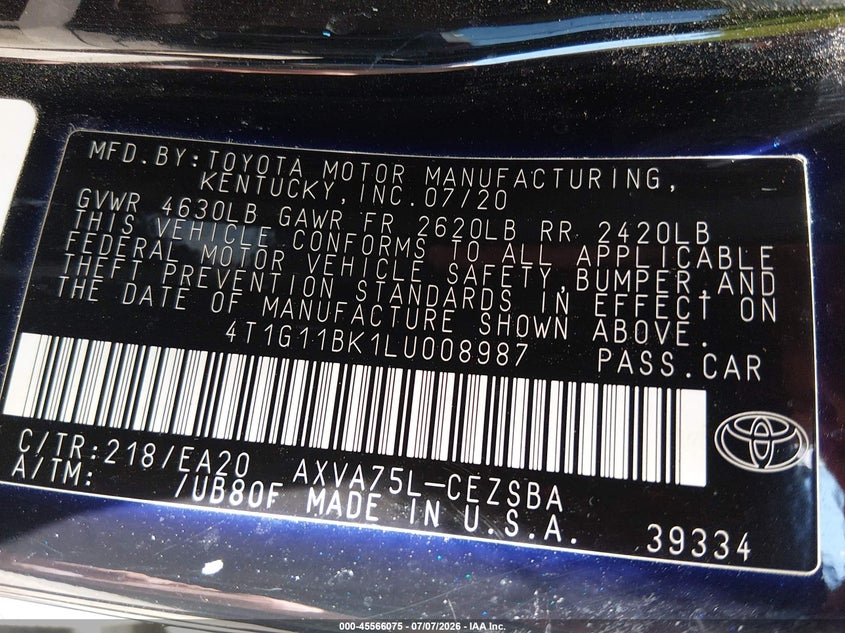 2020 Toyota Camry Se Awd VIN: 4T1G11BK1LU008987 Lot: 45566075
