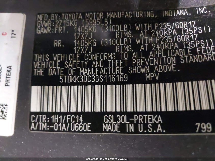 2011 Toyota Sienna Le V6 VIN: 5TDKK3DC3BS116169 Lot: 45566143