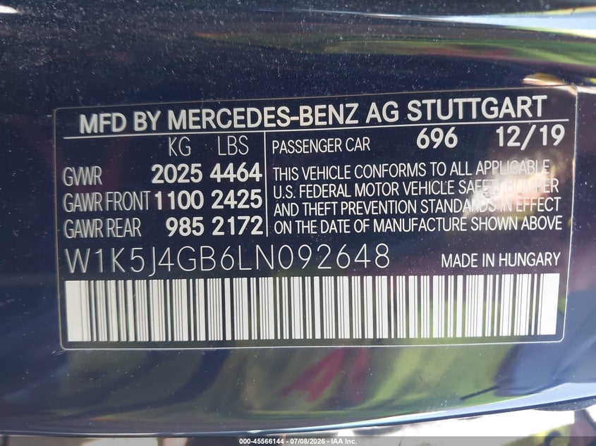 2020 Mercedes-Benz Cla 250 VIN: W1K5J4GB6LN092648 Lot: 45566144