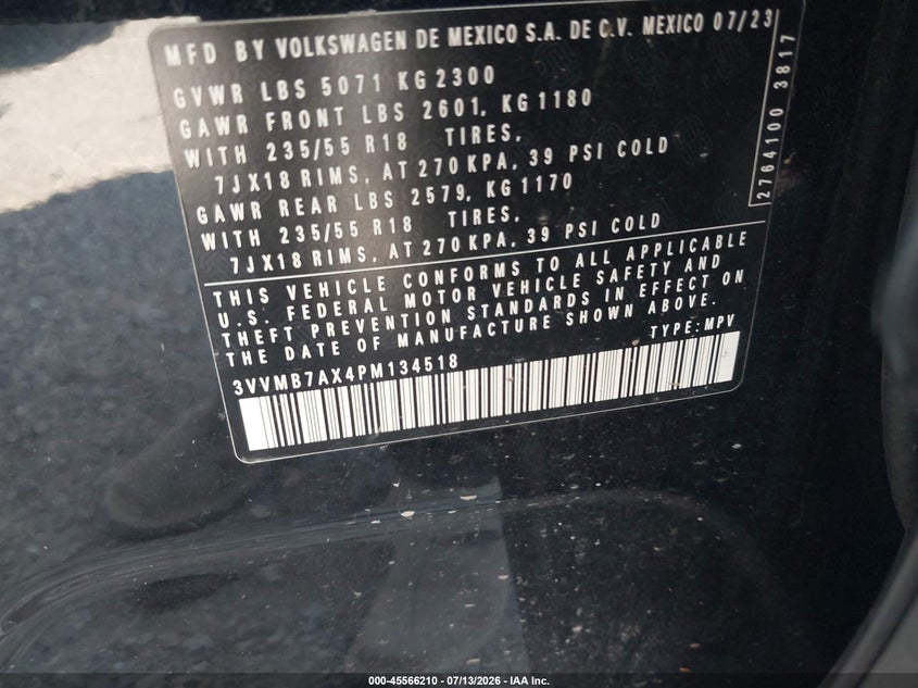 VOLKSWAGEN TIGUAN 2023 VIN 3VVMB7AX4PM134518