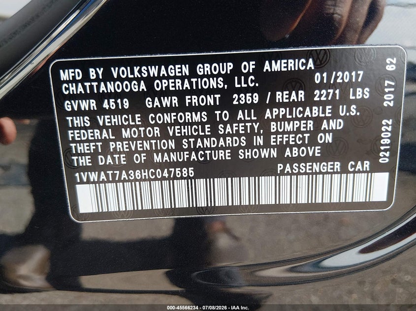 2017 Volkswagen Passat 1.8T S VIN: 1VWAT7A36HC047585 Lot: 45566234