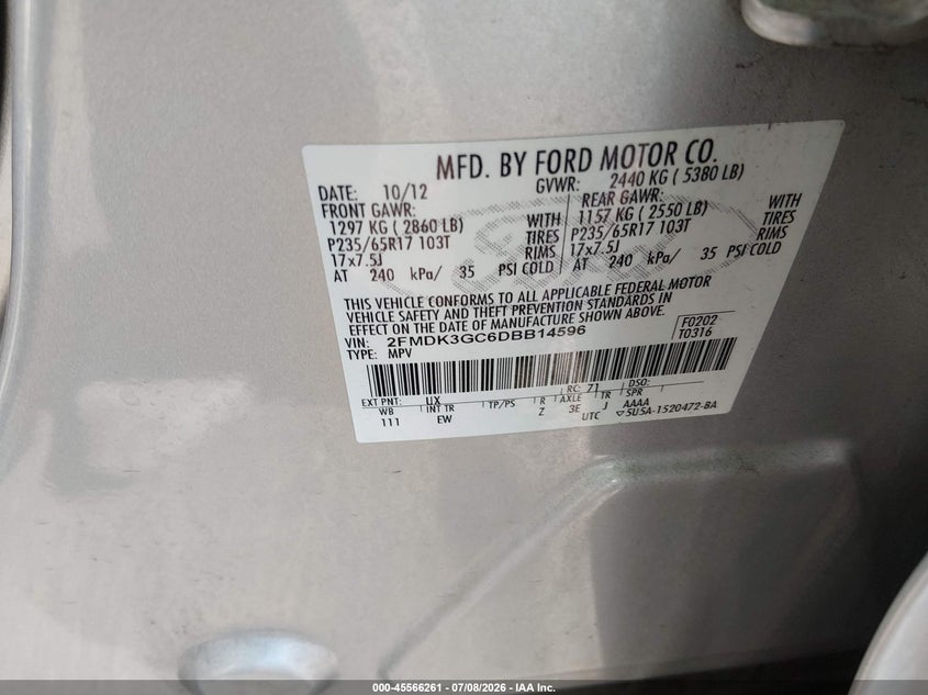 2013 Ford Edge Se VIN: 2FMDK3GC6DBB14596 Lot: 45566261