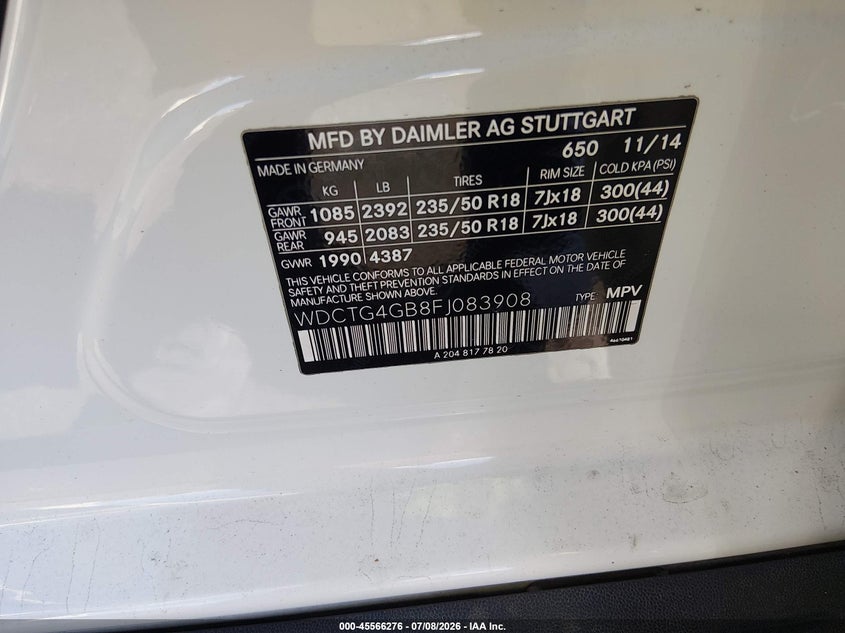 2015 Mercedes-Benz Gla 250 4Matic VIN: WDCTG4GB8FJ083908 Lot: 45566276