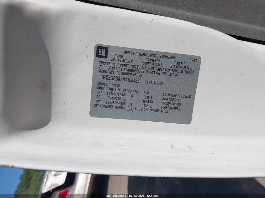 2010 Chevrolet Express 2500 Work Van VIN: 1GCZGFBA3A1109432 Lot: 45566313