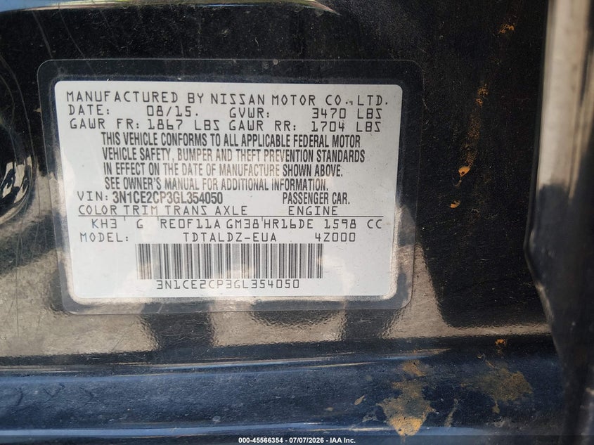 2016 Nissan Versa Note S (Sr)/S Plus/Sl/Sr/Sv VIN: 3N1CE2CP3GL354050 Lot: 45566354