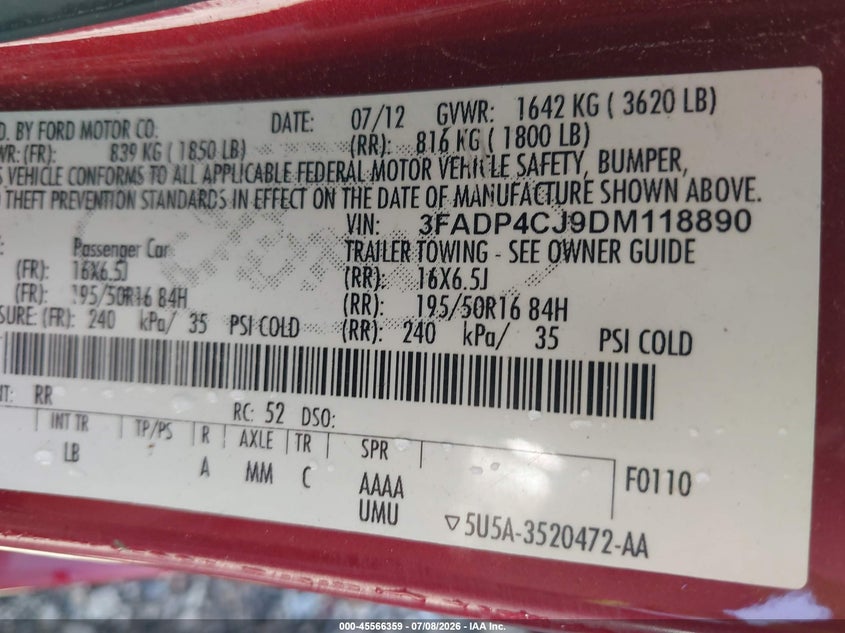 2013 Ford Fiesta Titanium VIN: 3FADP4CJ9DM118890 Lot: 45566359