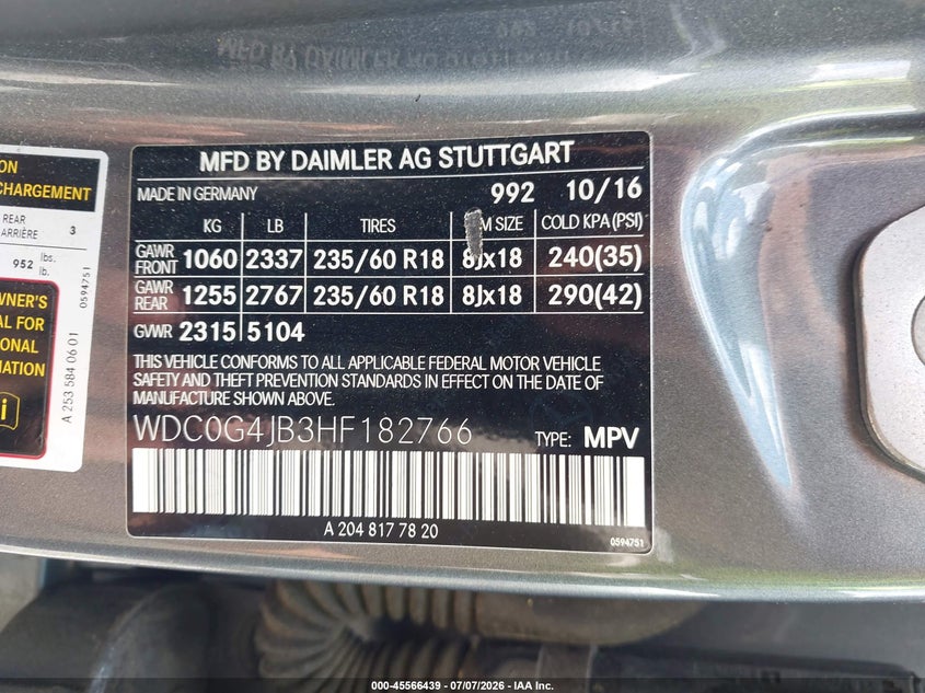 2017 Mercedes-Benz Glc 300 VIN: WDC0G4JB3HF182766 Lot: 45566439