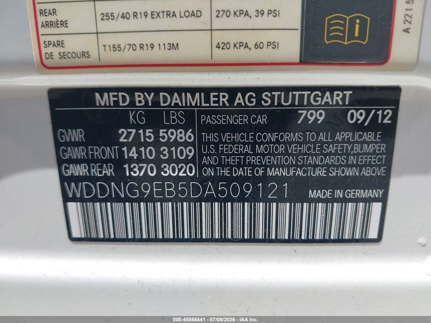 2013 Mercedes-Benz S 550 4Matic VIN: WDDNG9EB5DA509121 Lot: 45566441