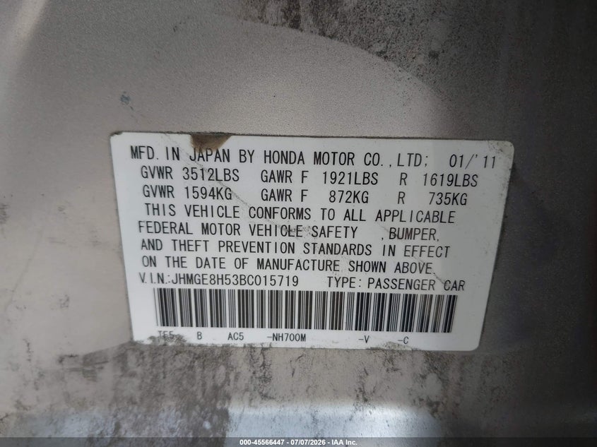 2011 Honda Fit Sport VIN: JHMGE8H53BC015719 Lot: 45566447