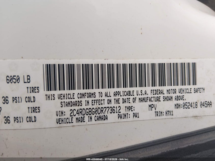 2013 Dodge Grand Caravan Se VIN: 2C4RDGBG0DR773612 Lot: 45566545