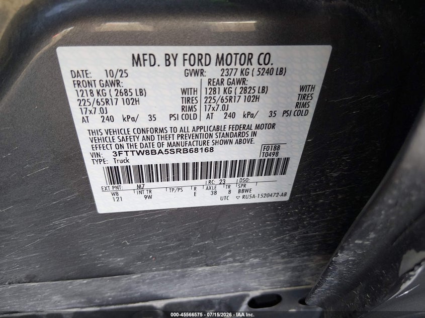 2025 Ford Maverick Xl VIN: 3FTTW8BA5SRB68168 Lot: 45566575