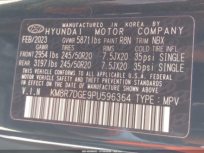2023 Hyundai Palisade Calligraphy VIN: KM8R7DGE9PU596364 Lot: 45566583