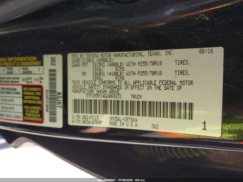 2016 Toyota Tundra Sr5 4.6L V8 VIN: 5TFUM5F14GX069231 Lot: 45566587