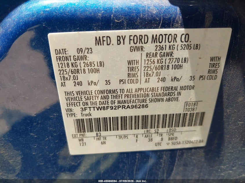 2023 Ford Maverick Lariat VIN: 3FTTW8F92PRA96286 Lot: 45566594
