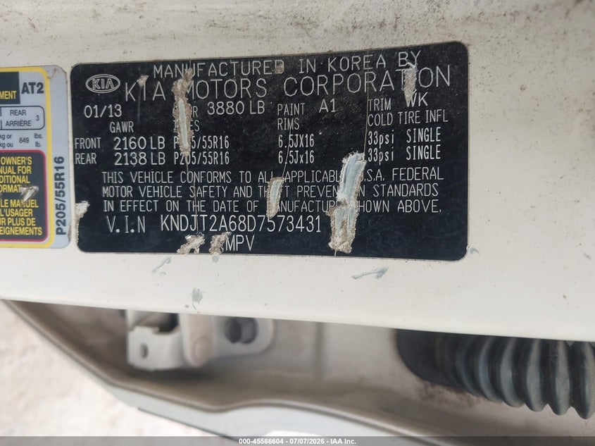 2013 Kia Soul + VIN: KNDJT2A68D7573431 Lot: 45566604