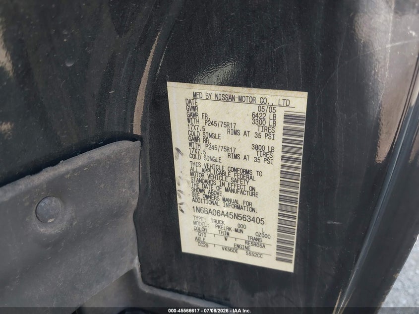 2005 Nissan Titan Xe VIN: 1N6BA06A45N563405 Lot: 45566617