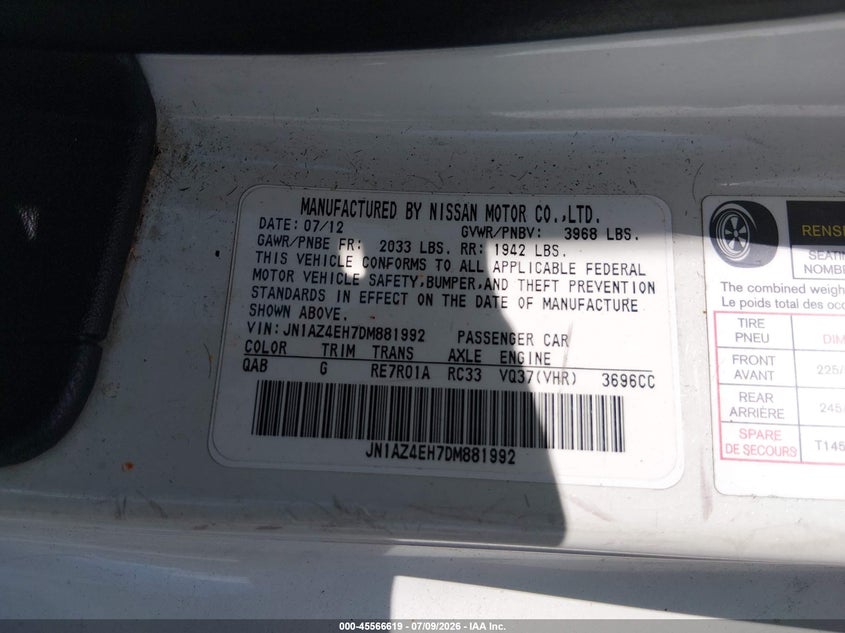 2013 Nissan 370Z Touring VIN: JN1AZ4EH7DM881992 Lot: 45566619