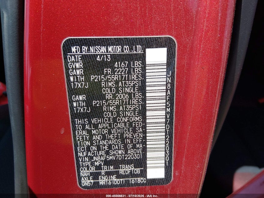 2013 Nissan Juke Sv VIN: JN8AF5MV7DT220301 Lot: 45566631