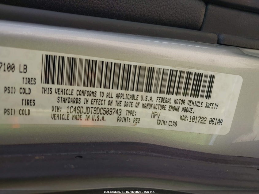 2013 Dodge Durango Crew VIN: 1C4SDJDT9DC509743 Lot: 45566678
