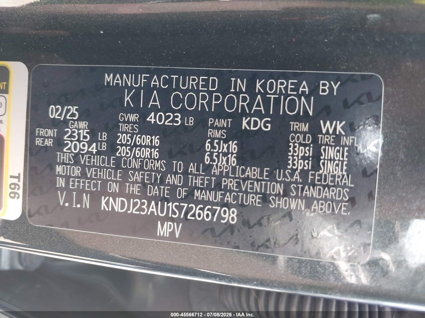 2025 Kia Soul Lx VIN: KNDJ23AU1S7266798 Lot: 45566712