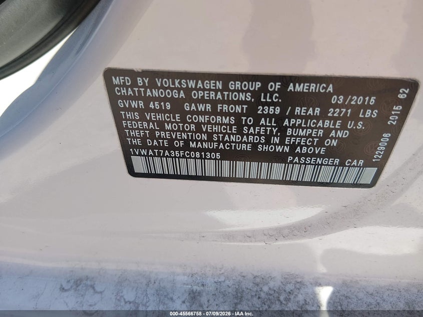 2015 Volkswagen Passat 1.8T Limited Edition VIN: 1VWAT7A35FC081305 Lot: 45566758