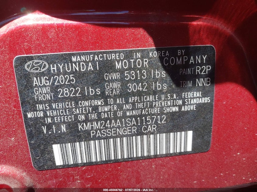 2025 Hyundai Ioniq 6 Se VIN: KMHM24AA1SA115712 Lot: 45566762