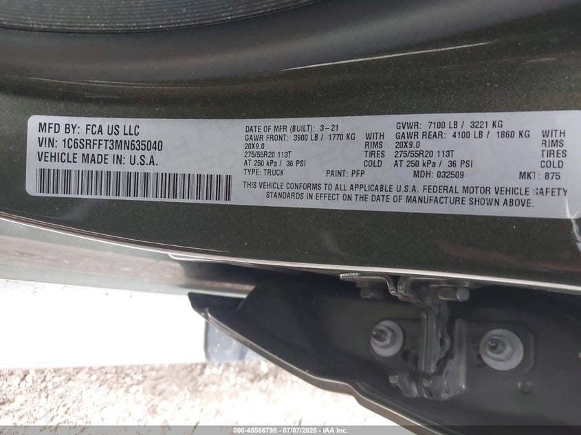 2021 Ram 1500 Big Horn 4X4 5'7 Box VIN: 1C6SRFFT3MN635040 Lot: 45566798
