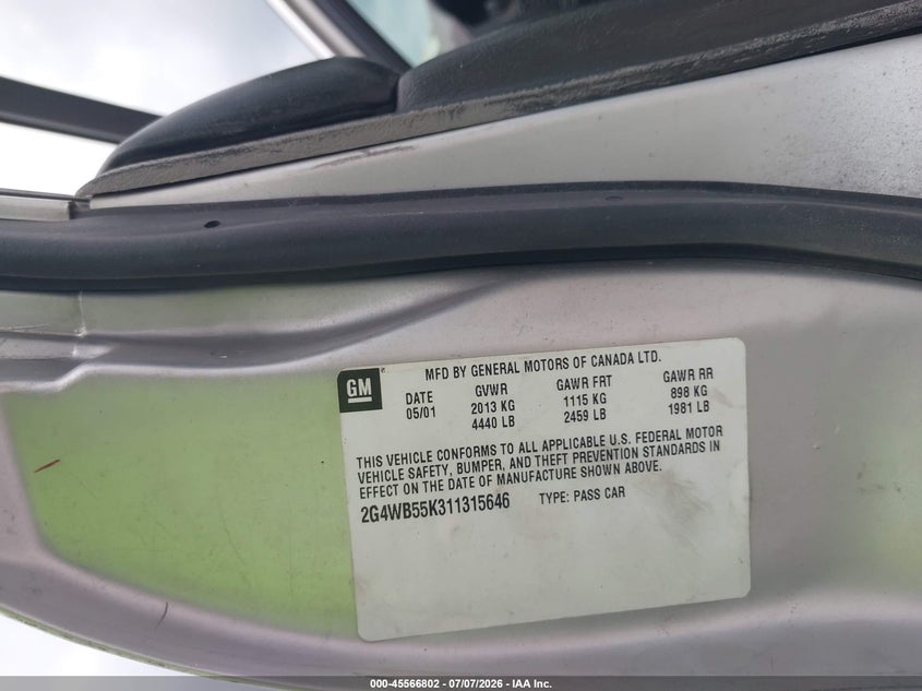2001 Buick Regal Ls VIN: 2G4WB55K311315646 Lot: 45566802