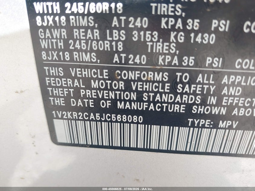 2018 Volkswagen Atlas 3.6L V6 Se VIN: 1V2KR2CA5JC568080 Lot: 45566825
