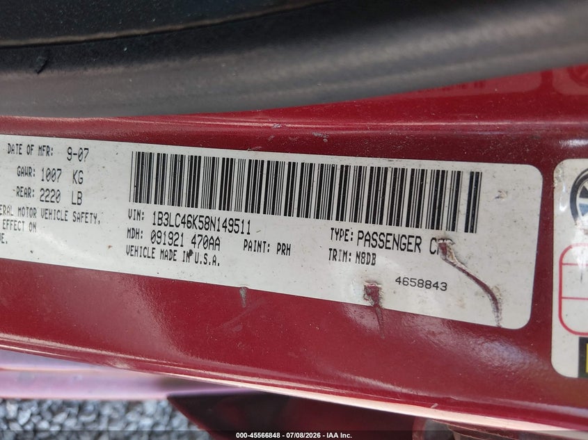 2008 Dodge Avenger Se VIN: 1B3LC46K58N149511 Lot: 45566848