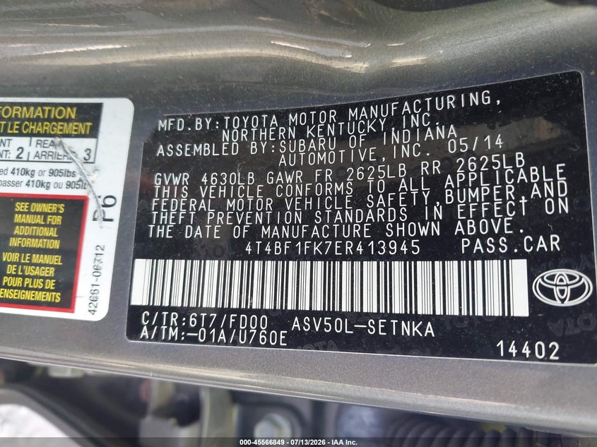 2014 TOYOTA CAMRY SEDAN 2.5L I-4 DOHC, VVT, 173HP