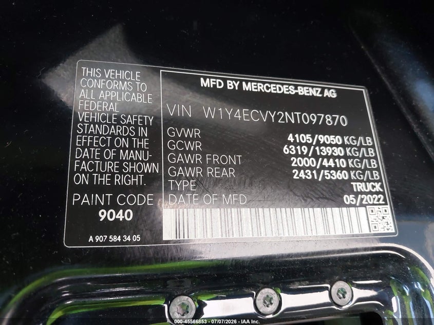 2022 Mercedes-Benz Sprinter 2500 High Roof V6 VIN: W1Y4ECVY2NT097870 Lot: 45566853
