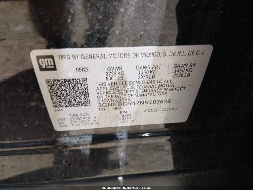 2022 Chevrolet Blazer Fwd 2Lt VIN: 3GNKBCR47NS183639 Lot: 45566920