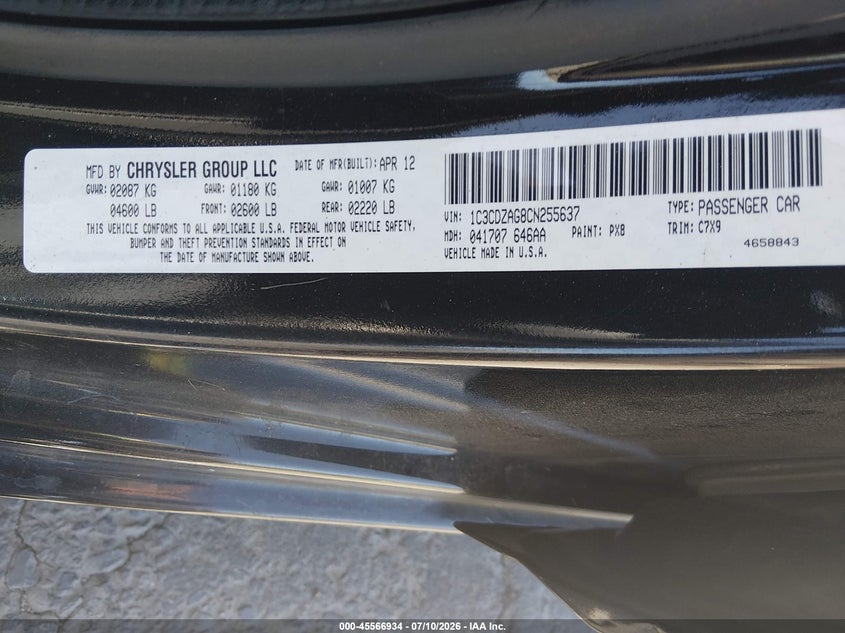 2012 Dodge Avenger Se VIN: 1C3CDZAG8CN255637 Lot: 45566934