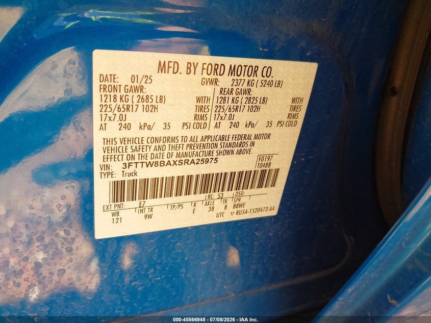 2025 Ford Maverick Xl VIN: 3FTTW8BAXSRA25975 Lot: 45566948