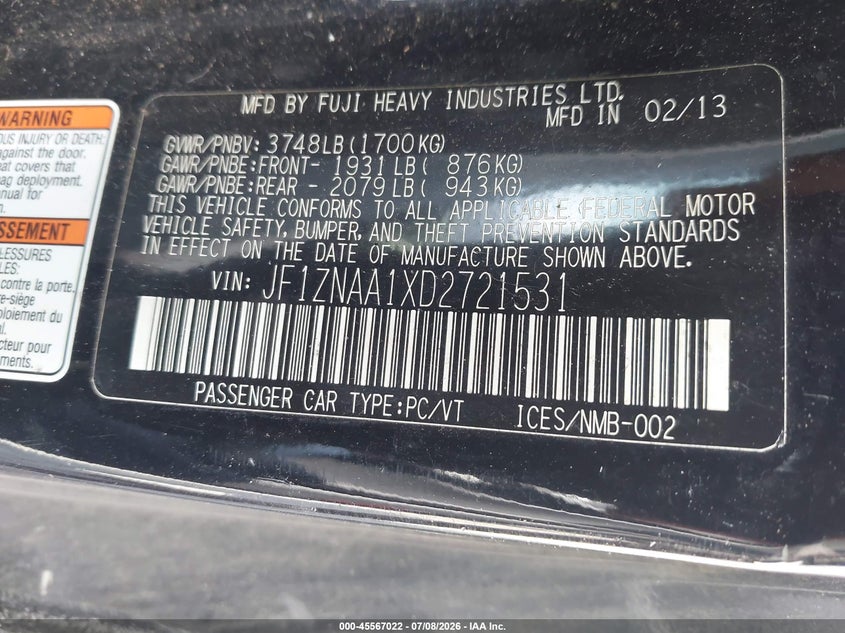 2013 Scion Fr-S VIN: JF1ZNAA1XD2721531 Lot: 45567022