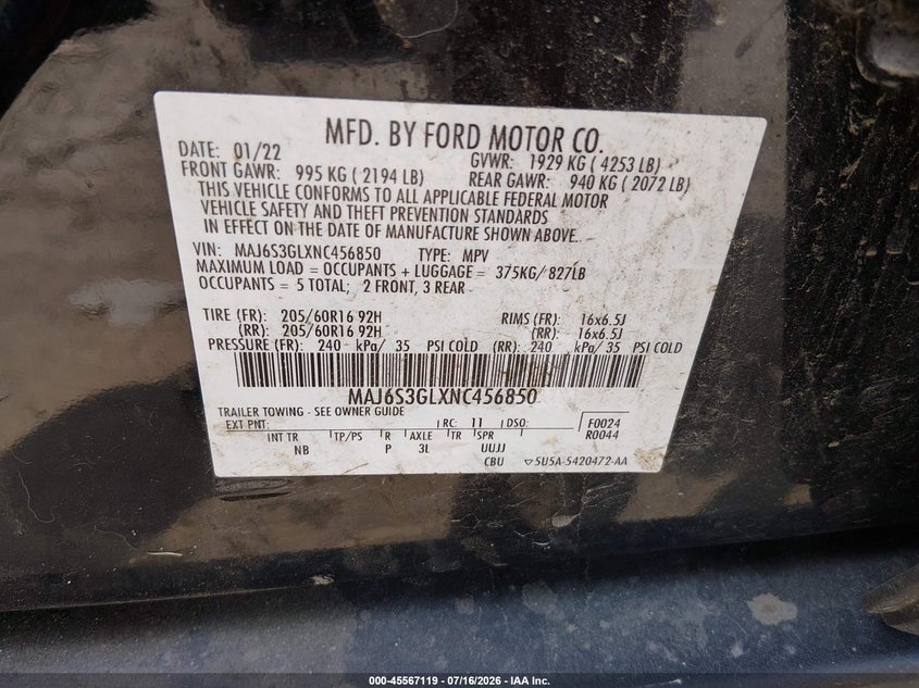 2022 Ford Ecosport Se VIN: MAJ6S3GLXNC456850 Lot: 45567119