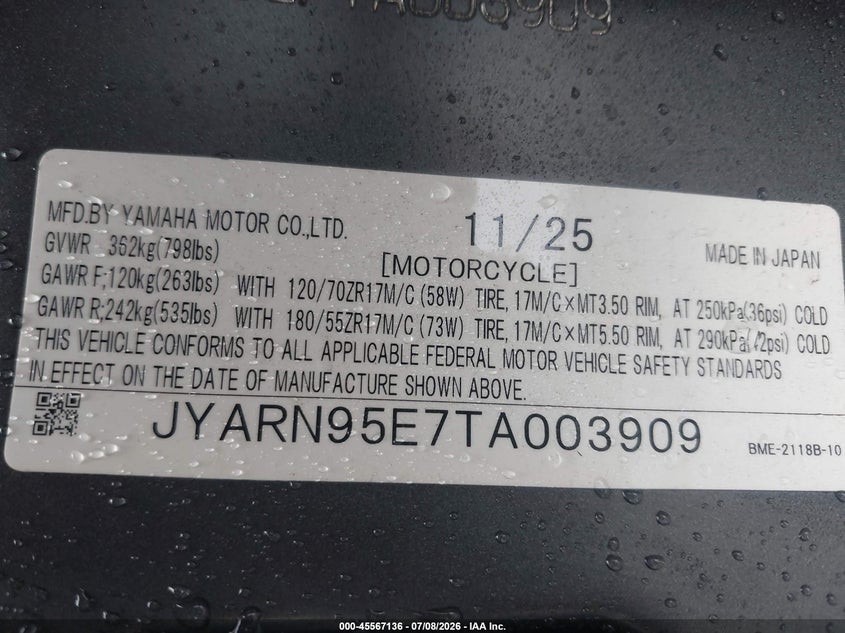 2026 Yamaha Mt09 Sp VIN: JYARN95E7TA003909 Lot: 45567136