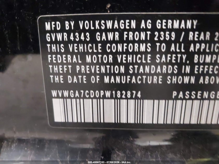 2023 Volkswagen Golf Gti 2.0T S VIN: WVWGA7CD0PW182874 Lot: 45567153