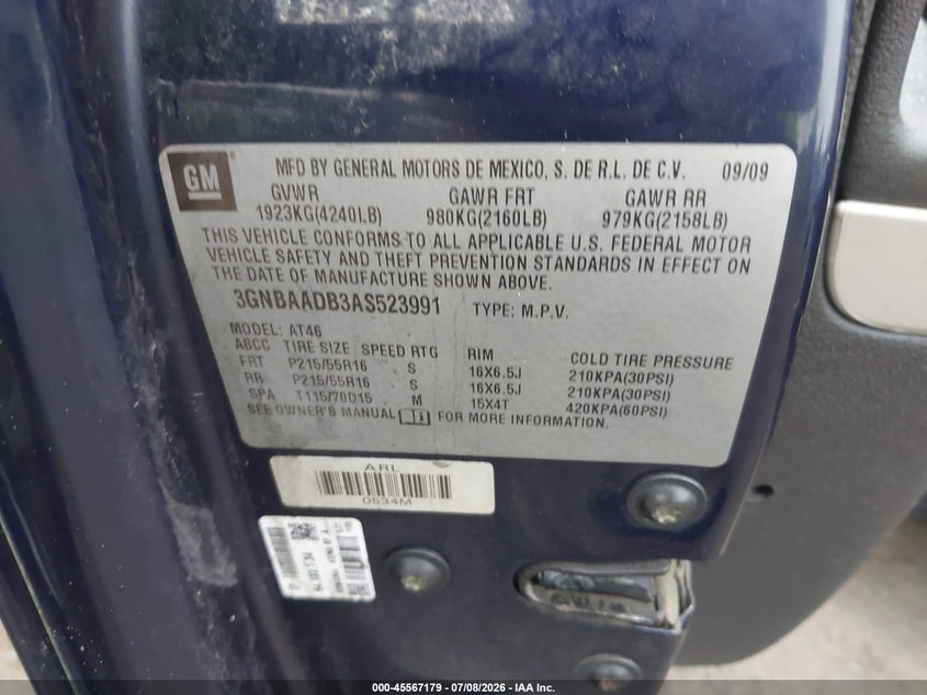 2010 Chevrolet Hhr Ls VIN: 3GNBAADB3AS523991 Lot: 45567179