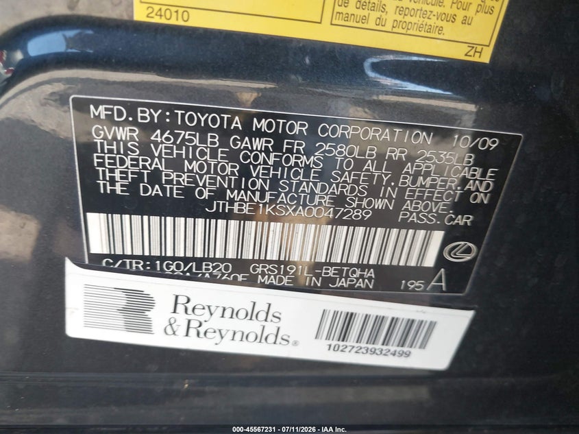 2010 Lexus Gs 350 VIN: JTHBE1KSXA0047289 Lot: 45567231