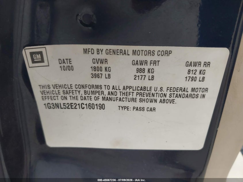 2001 Oldsmobile Alero Gl1 VIN: 1G3NL52E21C160190 Lot: 45567236