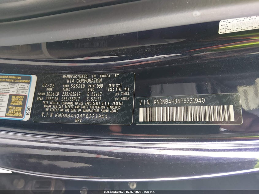 2023 Kia Carnival Mpv Lx Seat Package VIN: KNDNB4H34P6221940 Lot: 45567262