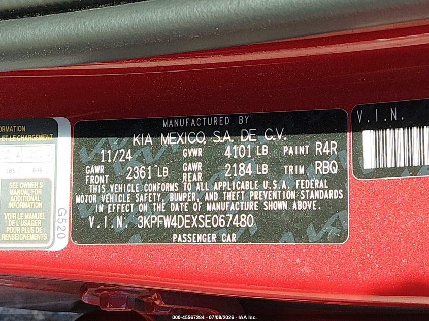 KIA K4 2025 VIN 3KPFW4DEXSE067480