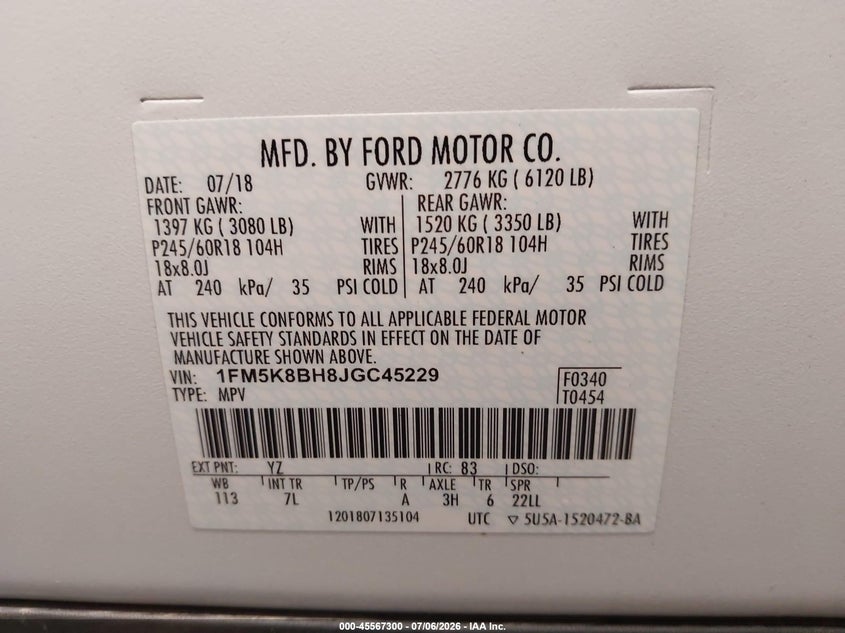 2018 Ford Explorer VIN: 1FM5K8BH8JGC45229 Lot: 45567300